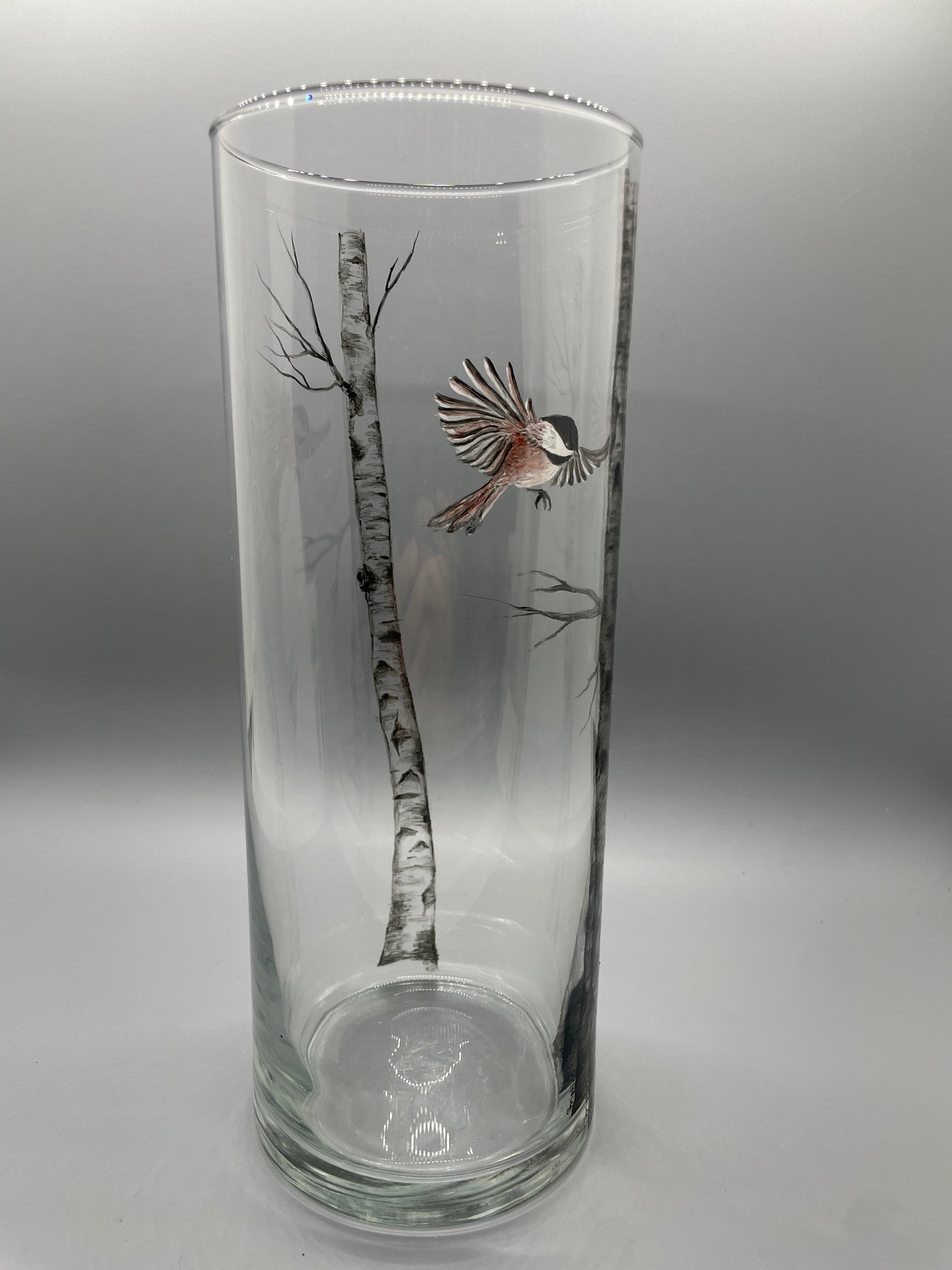 Birch Trees with Flying Chickadee Vase