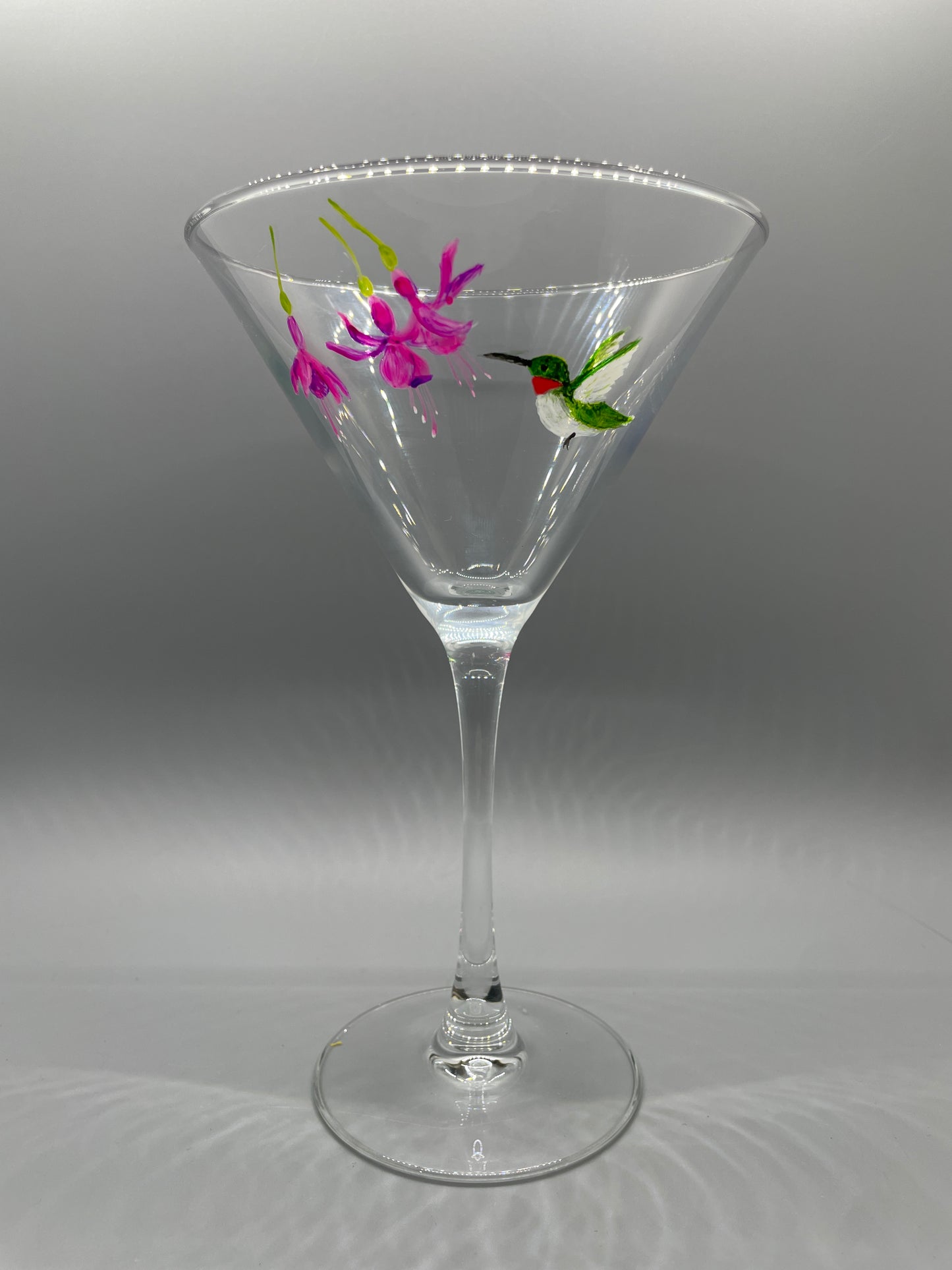 Hummingbird Hand-Painted Martini Glass | Fuchsia Floral Art Glass