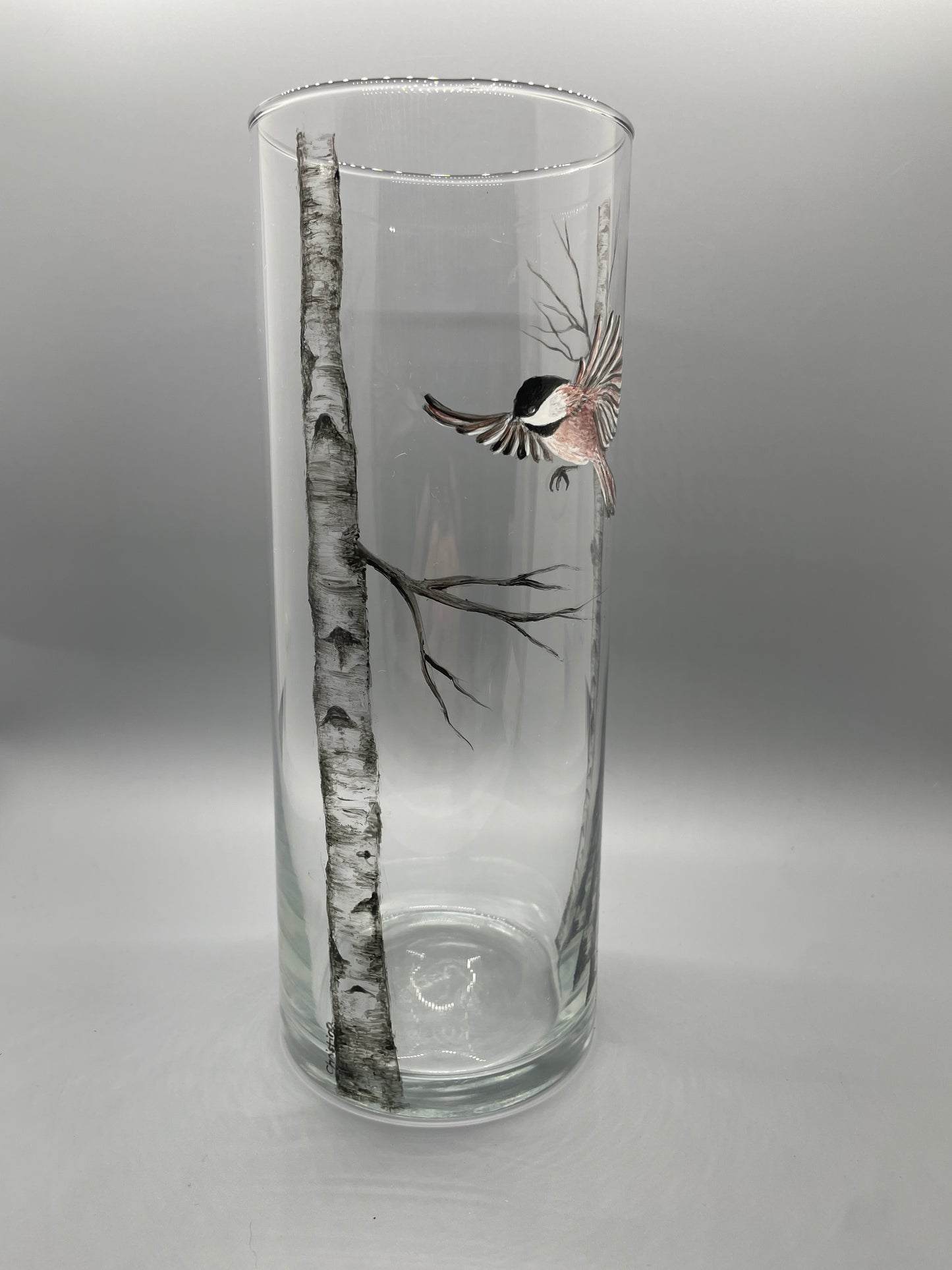 Birch Trees with Flying Chickadee Vase