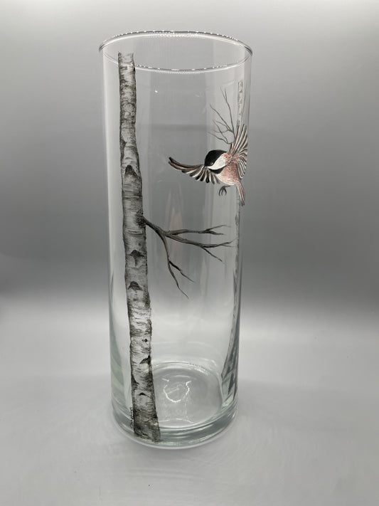 Birch Trees with Flying Chickadee Vase