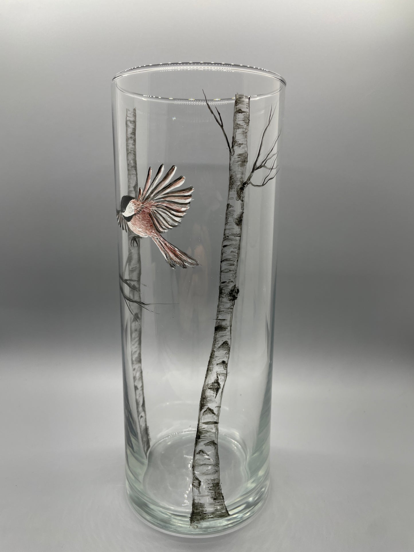 Birch Trees with Flying Chickadee Vase