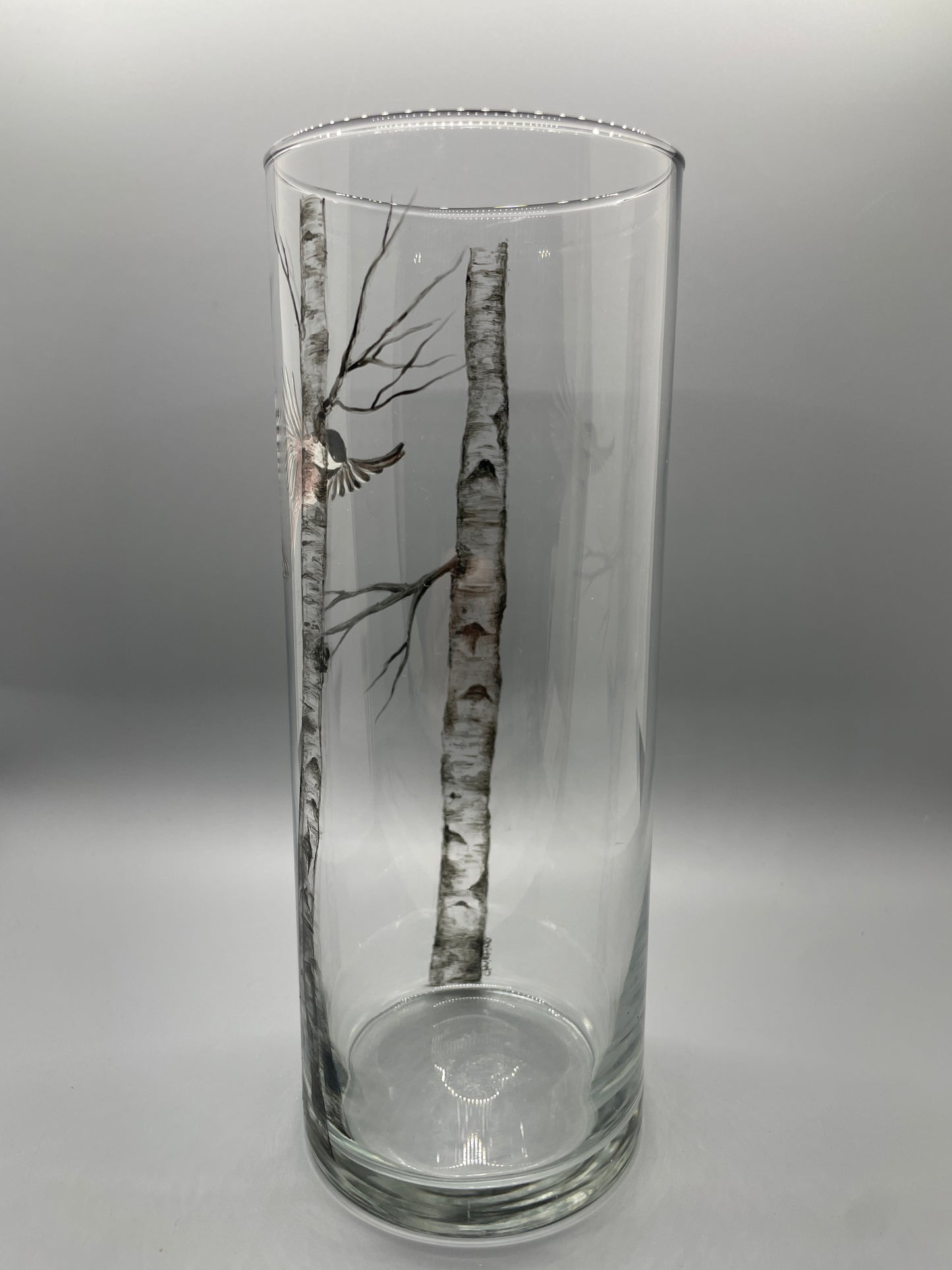 Birch Trees with Flying Chickadee Vase