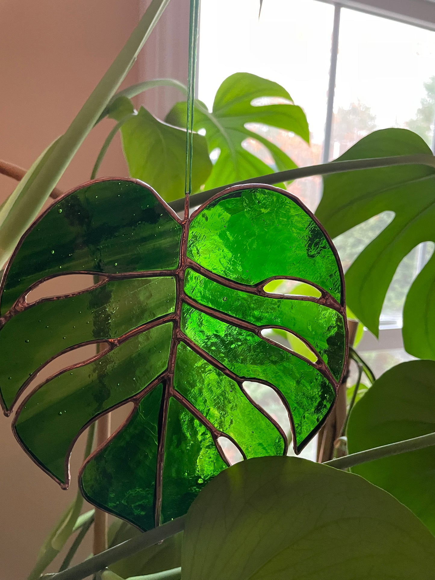 Monstera Leaf Stained Glass Suncatcher | Light with Dark Green Streaky Glass