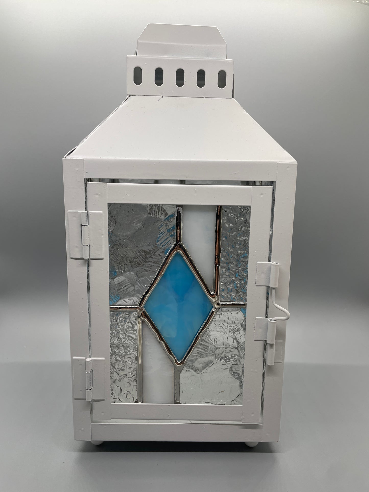 Stained Glass Lantern, Blue, Clear, and White
