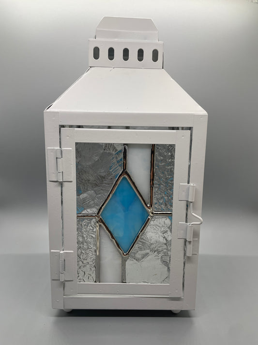 Stained Glass Lantern, Blue, Clear, and White