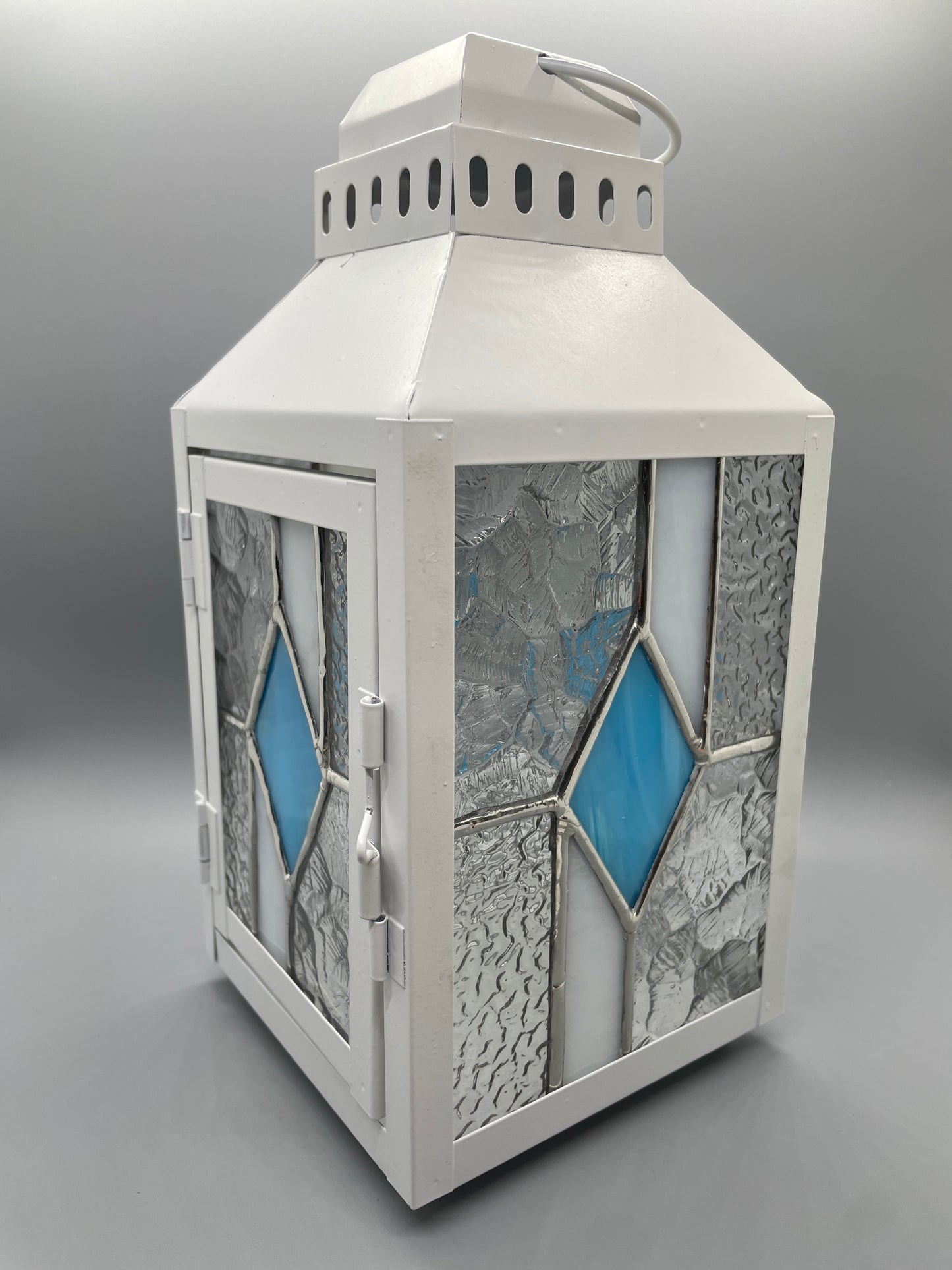 Stained Glass Lantern, Blue, Clear, and White