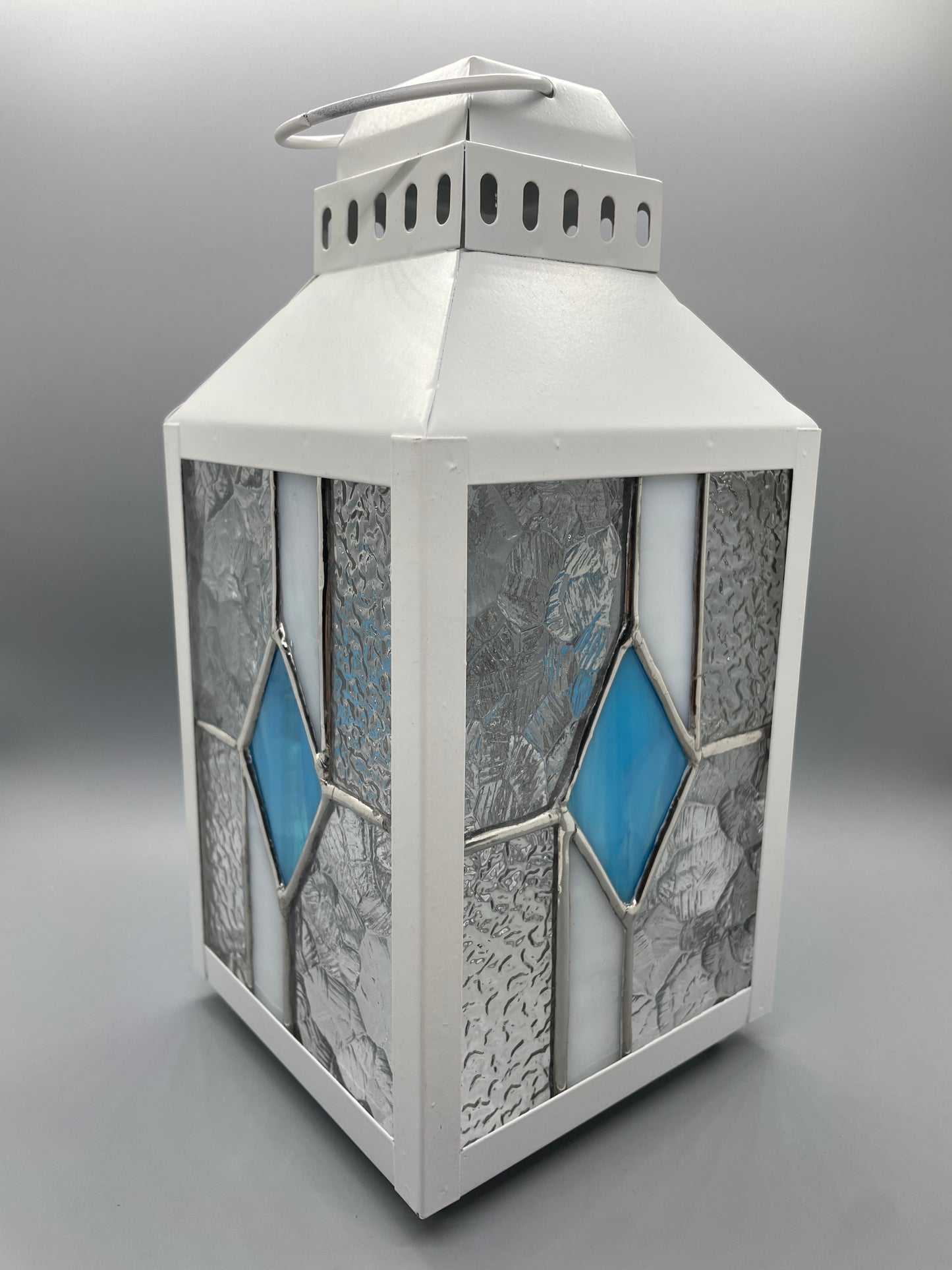 Stained Glass Lantern, Blue, Clear, and White