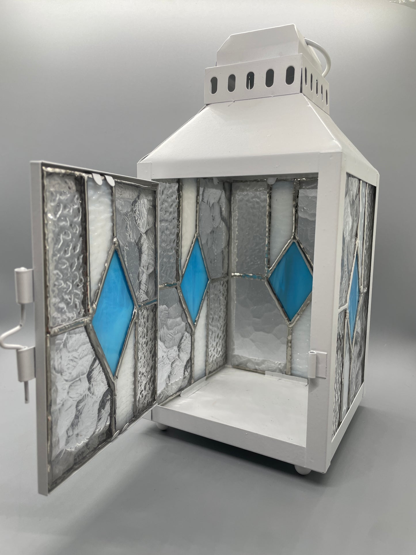 Stained Glass Lantern, Blue, Clear, and White