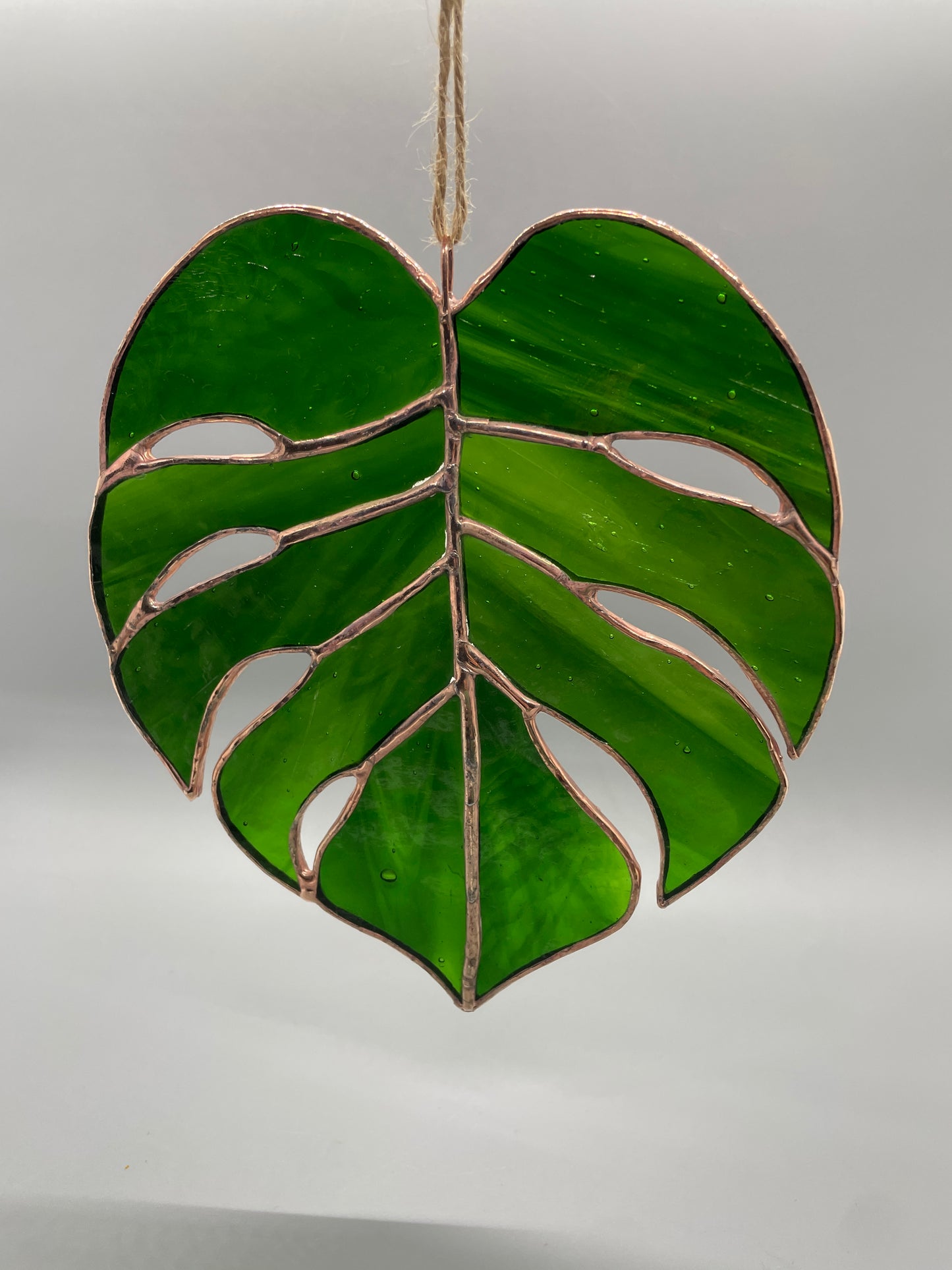 Monstera Leaf Stained Glass Suncatcher | Light with Dark Green Streaky Glass